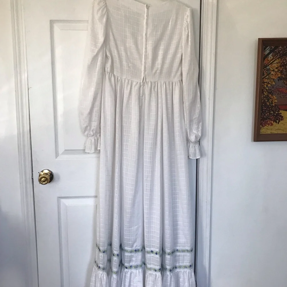 Vintage Dress Womens Embroidered Long Sleeve Puff Cottage Core Prairie 70s sheer - Picture 2 of 10